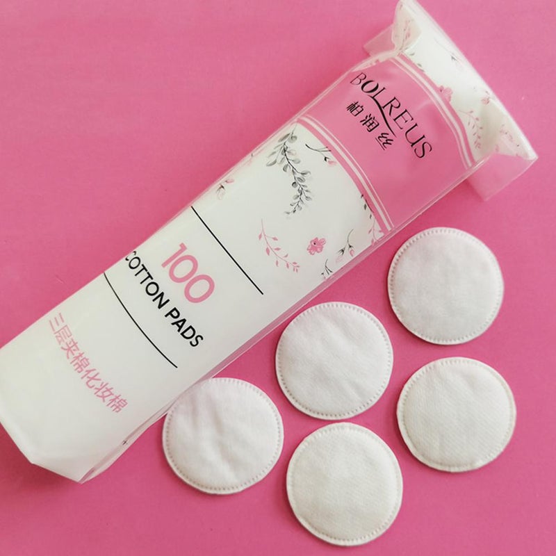 100 pads per bag, three-layer round cotton pads, soft and comfortable to the touch.